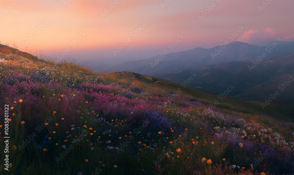 Fototapeta premium A serene landscape filled with colorful wildflowers under a soft sunset sky.