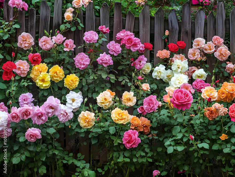 A vibrant display of colorful roses blooming against a wooden fence. A vibrant display of colorful roses blooming against a wooden fence.