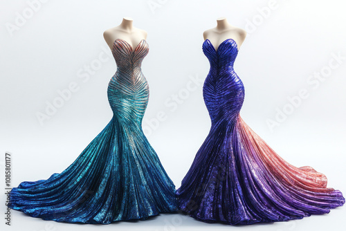 Mermaid prom dress shimmering in the moonlight by the sea, cascading waves in the background, creating a magical and ethereal ambiance.