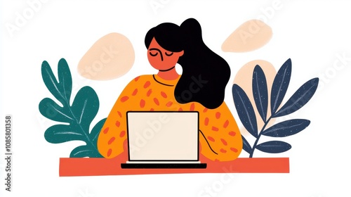 Young Woman Working on Laptop with Tropical Leaves in the Background, Creative Digital Illustration, Remote Work, Online Learning, Modern Workspace photo