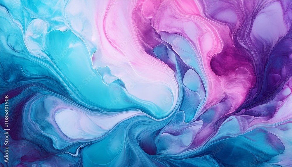 Abstract fluid art painting in vibrant blues, pinks, and purples. Swirling colors create a mesmerizing visual.