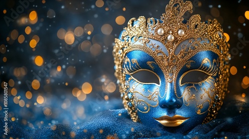 Blue Venetian mask with gold decorations on a glittery background