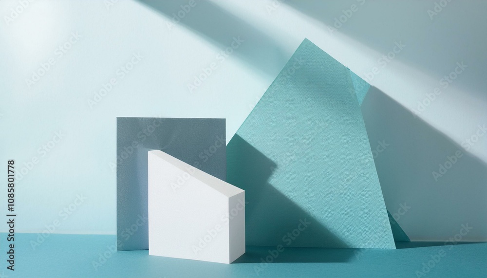 Abstract geometric shapes in soft blue and white hues. A minimalist composition bathed in soft light. Abstract geometric shapes in soft blue and white hues. A minimalist composition bathed in soft light.