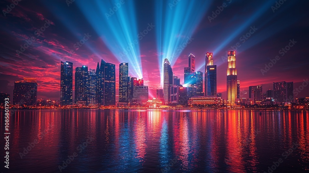 Fototapeta premium Vibrant cityscape at night with colorful lights and reflections on water