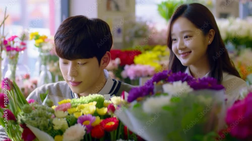 Korean male student buys flowers in a flower shop As a Korean female student watches and smiles nearby in the morning Korean male student buys flowers in a flower shop As a Korean female student watches and smiles nearby in the morning