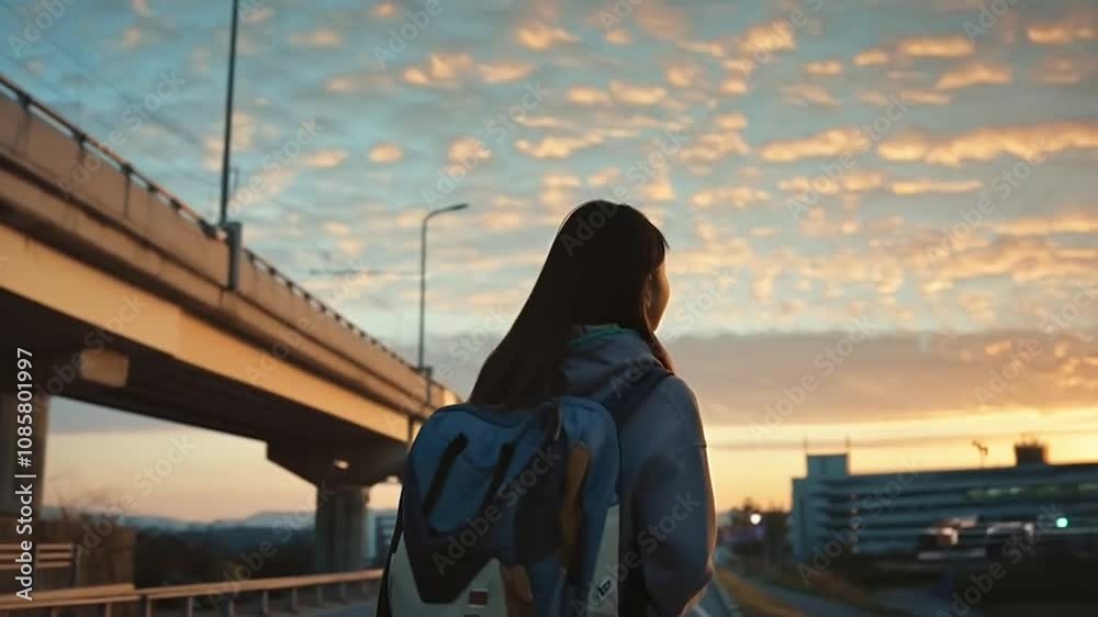 Korean female student looks at the sky and walks slowly under the overpass