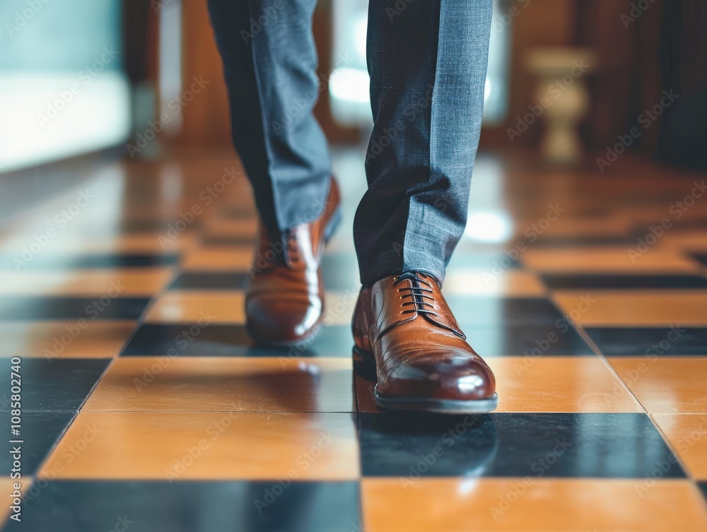 A man walks confidently on a checkered floor, showcasing polished brown shoes paired with tailored trousers, exuding elegance and style. A man walks confidently on a checkered floor, showcasing polished brown shoes paired with tailored trousers, exuding elegance and style.