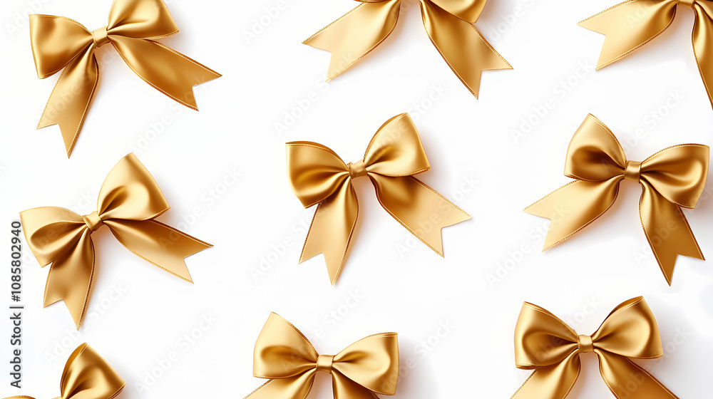 Golden ribbon bows arranged in a decorative pattern against a clean and simple white background. Halcyon. Illustration Golden ribbon bows arranged in a decorative pattern against a clean and simple white background. Halcyon. Illustration