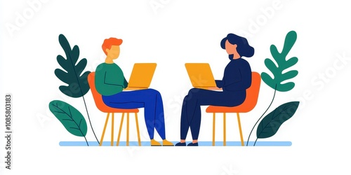 Two Diverse Individuals Engaged in Collaborative Work on Laptops, Seated in Stylish Chairs Surrounded by Minimalist Greenery and Colorful Plants