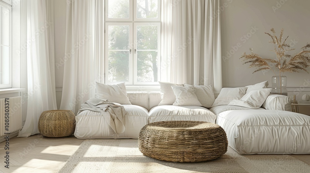 White sofa and wicker ottoman in the living room with white curtains White sofa and wicker ottoman in the living room with white curtains
