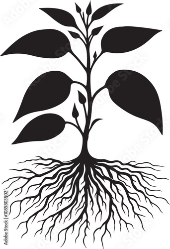 pepper plant with roots silhouette vector art illustration