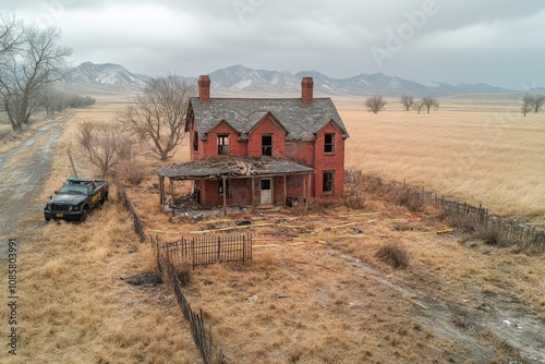 A drone captures a rural farmhouse surrounded by police tape and units on the scene. Generative AI