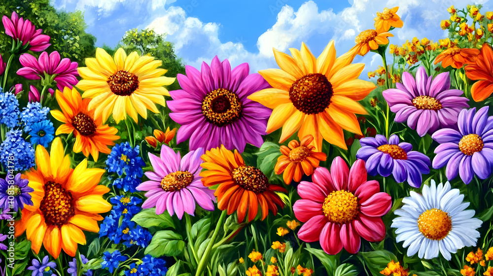 A vibrant field of colorful flowers under a bright blue sky. A vibrant field of colorful flowers under a bright blue sky.