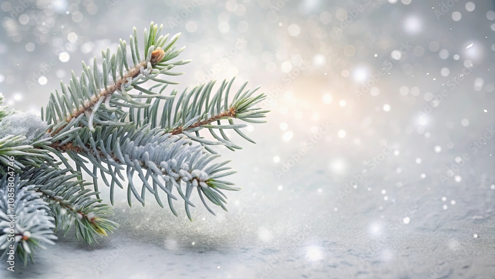 Winter wonderland scene frosted evergreen branch on snowy surface with bokeh effect Winter wonderland scene frosted evergreen branch on snowy surface with bokeh effect