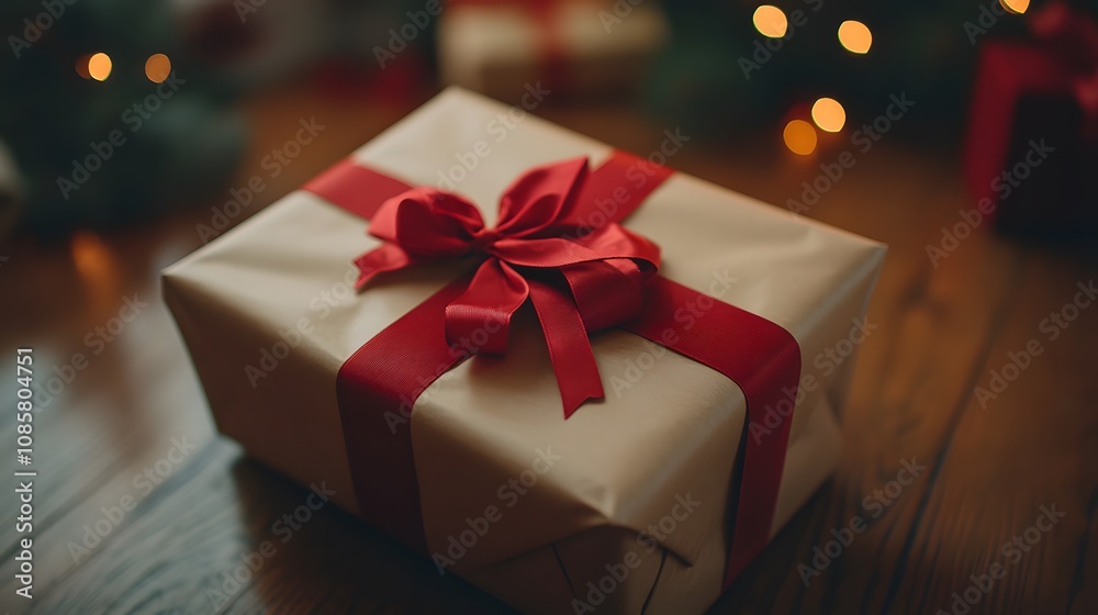 A beautifully wrapped gift with a red ribbon on a wooden floor, evoking festive joy. A beautifully wrapped gift with a red ribbon on a wooden floor, evoking festive joy.
