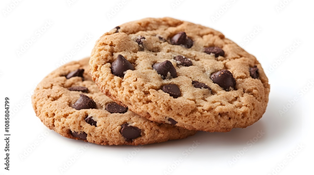 Two freshly baked chocolate chip cookies stacked on top of each other. Two freshly baked chocolate chip cookies stacked on top of each other.