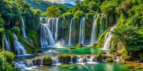 Waterfall Paradise Lush Greenery, Cascading Water, Long Exposure, waterfall, nature, bosnia