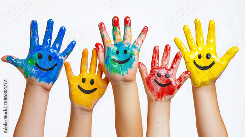 Colorful children hands with painted smiling faces on white background