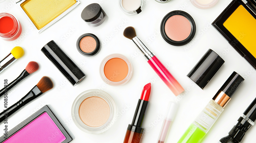 Flat Lay of Makeup Products and Brushes on a White Background Flat Lay of Makeup Products and Brushes on a White Background