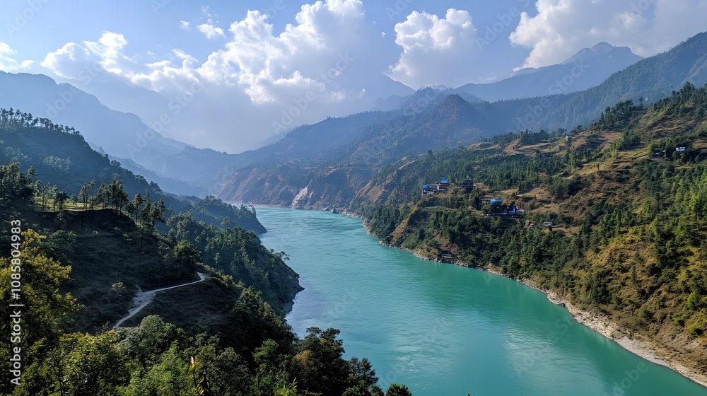 Serene landscape of a turquoise river winding through lush hills under a blue sky. Serene landscape of a turquoise river winding through lush hills under a blue sky.