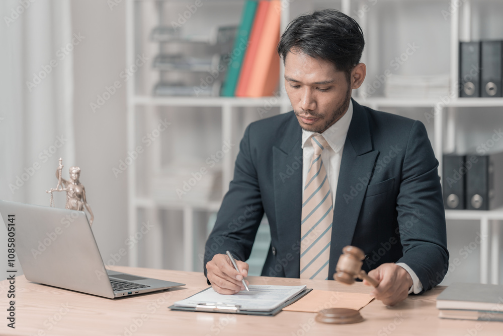 Lawyer working or reading law book working with laptop in office as legal counsel, justice and law. Male judge in courtroom on wooden table. Lawyer working or reading law book working with laptop in office as legal counsel, justice and law. Male judge in courtroom on wooden table.