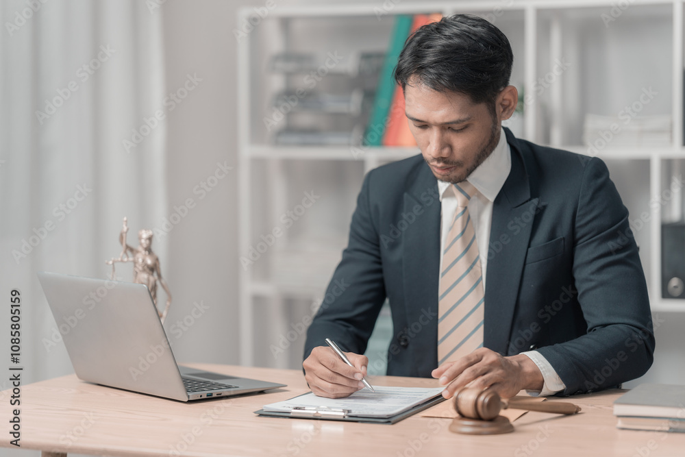 Lawyer working or reading law book working with laptop in office as legal counsel, justice and law. Male judge in courtroom on wooden table. Lawyer working or reading law book working with laptop in office as legal counsel, justice and law. Male judge in courtroom on wooden table.