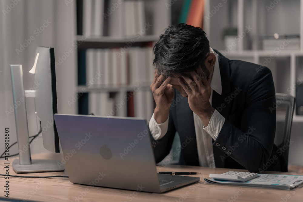 Stressed businessman watches stock market fall on laptop with falling stock graph. A businessman in a suit sits at a table with his hands covering his face. Stock market crash on computer screen Stressed businessman watches stock market fall on laptop with falling stock graph. A businessman in a suit sits at a table with his hands covering his face. Stock market crash on computer screen
