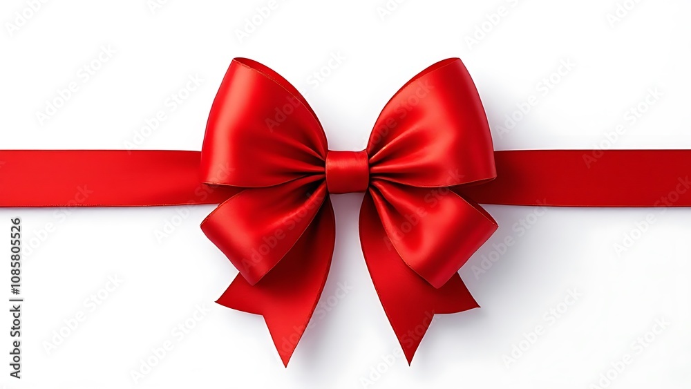 Fototapeta premium Red ribbon bow for gift box decoration, elegant festive ornament, shiny red ribbon with bow, isolated on white background, perfect for holiday gift wrapping designs