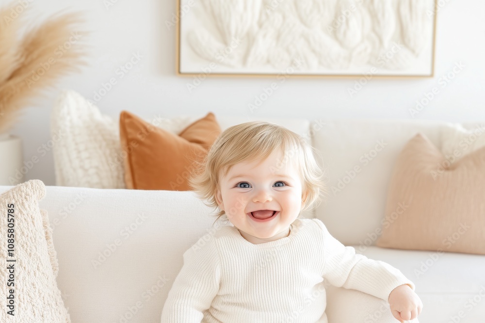 Baby laughing joyfully as sibling plays peek-a-boo in a bright modern living room with warm accents