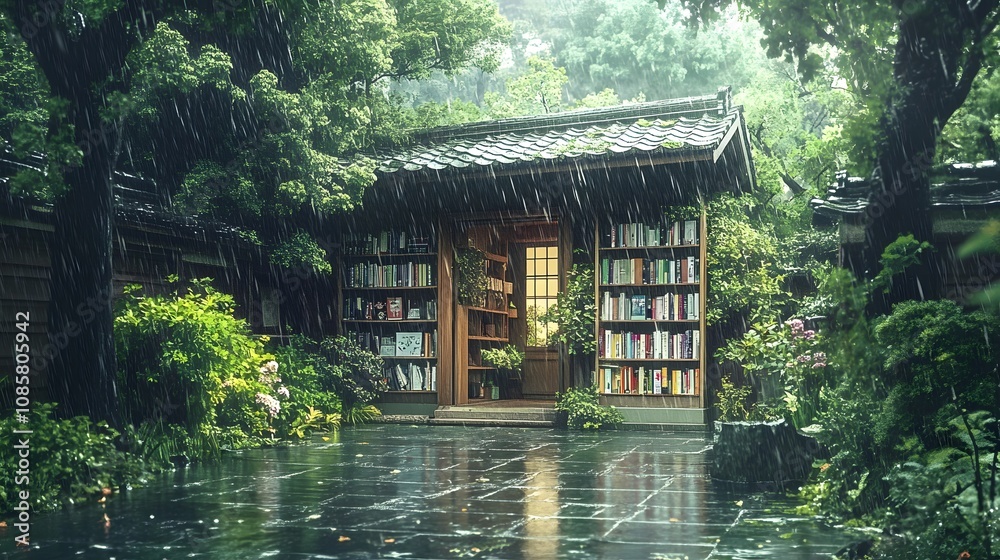 A serene library surrounded by lush greenery during a gentle rain. A serene library surrounded by lush greenery during a gentle rain.