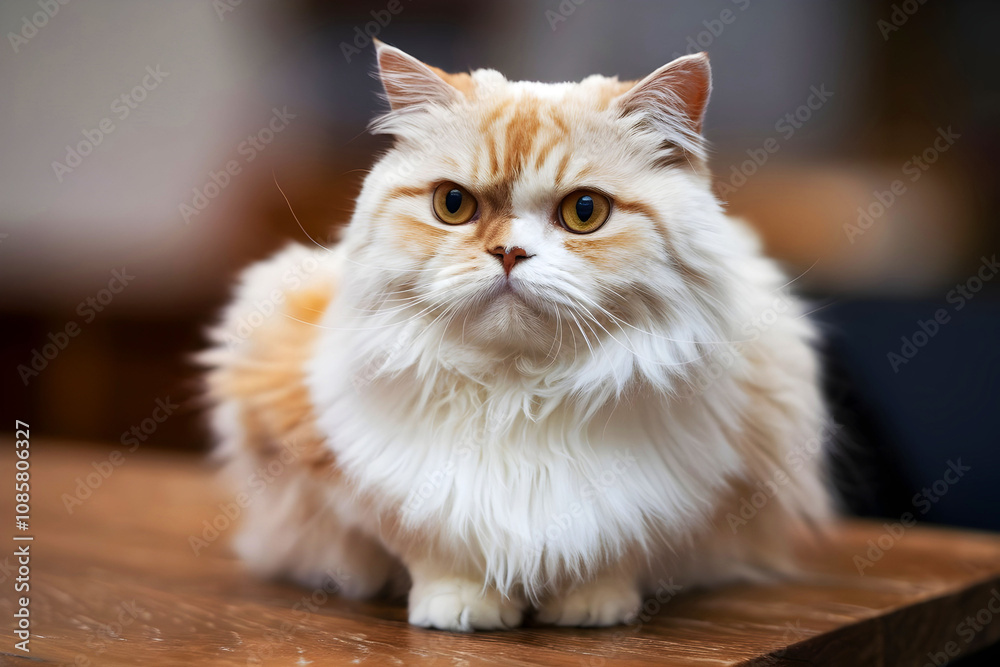 Fototapeta premium An angry cat with a cute furry face sits on a table.