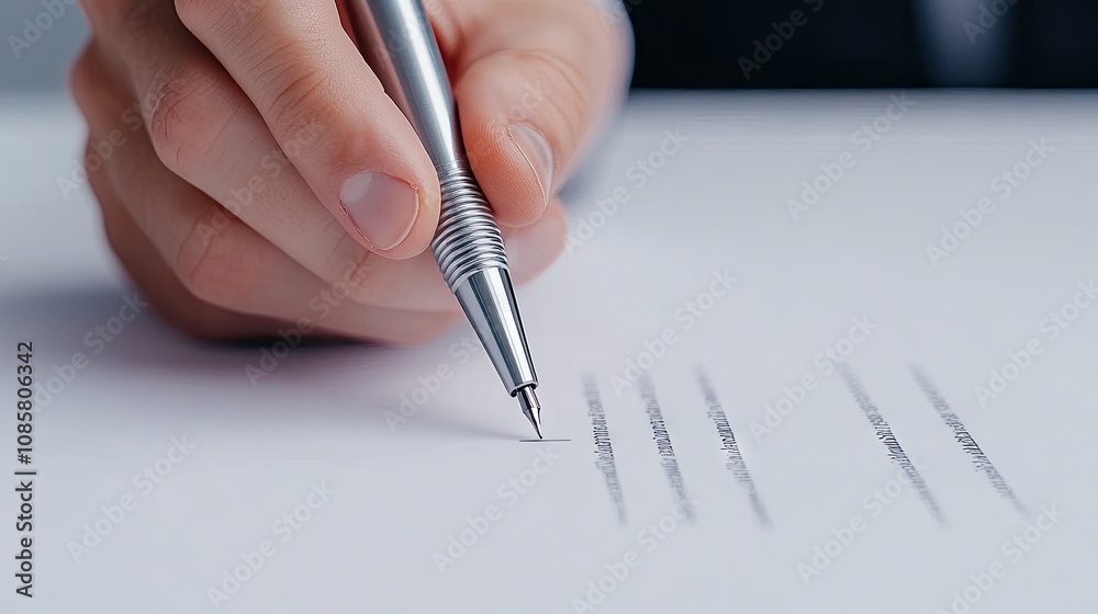 Businessman signing an important contract in an elegant office setting with a detailed focus on a stylish pen and crisp document Businessman signing an important contract in an elegant office setting with a detailed focus on a stylish pen and crisp document