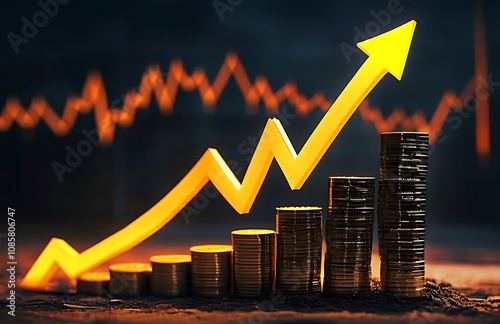 A stock market graph with upward arrows, indicating an upward trend in the financial landscape The background is dark and blurred to emphasize the glowing white arrow symbolizing growth photo