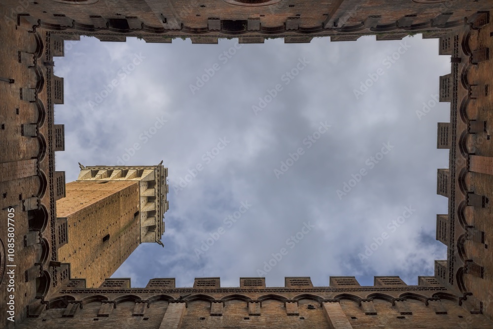 siena, italien - palazzo pubblico mit campanile aus der froschperspektive
