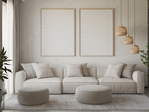 ISO A Paper size Frame Mockup. Living Room Frame Mockup Display. Modern Living Room with Wall Frame Mockup. Stylish Interior with Curved Sofa and Blank Wall Frame Mockup. 3D render