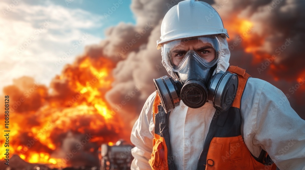 worker in an orange vest and safety gear confronts a towering inferno, wearing a gas mask, illustrating the intense conditions faced during a hazardous materials incident worker in an orange vest and safety gear confronts a towering inferno, wearing a gas mask, illustrating the intense conditions faced during a hazardous materials incident