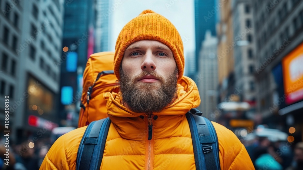 man with a full beard wears a vibrant orange beanie and jacket while carrying a backpack. He stands amidst a busy urban environment filled with skyscrapers and people man with a full beard wears a vibrant orange beanie and jacket while carrying a backpack. He stands amidst a busy urban environment filled with skyscrapers and people