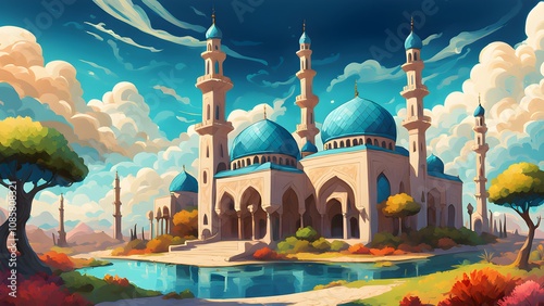 Majestic blue-domed mosque by a calm lake under a vibrant sky. photo