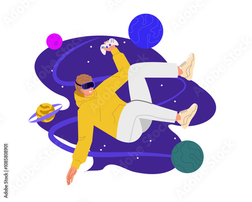 Man wearing virtual reality goggles cosmic landscape  immersed in a dynamic virtual world or metaverse. The planets and the stars next to her. Concept of modern technology and new experience