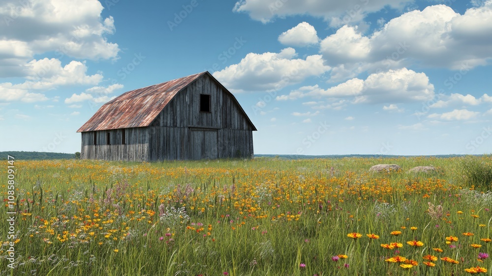 Scenic barn surrounded by colorful wildflowers rural landscape nature photography sunny day serene environment rural serenity Scenic barn surrounded by colorful wildflowers rural landscape nature photography sunny day serene environment rural serenity