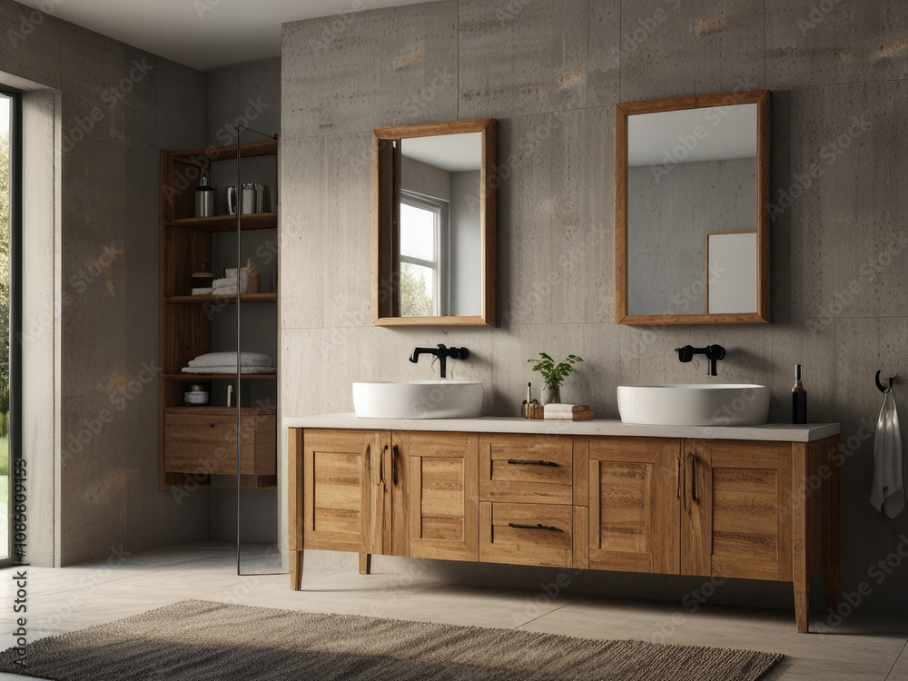 Modern bathroom with wooden cabinets, dual sinks, and arched mirrors, light background. Contemporary home or hotel concept. 3D Rendering Modern bathroom with wooden cabinets, dual sinks, and arched mirrors, light background. Contemporary home or hotel concept. 3D Rendering