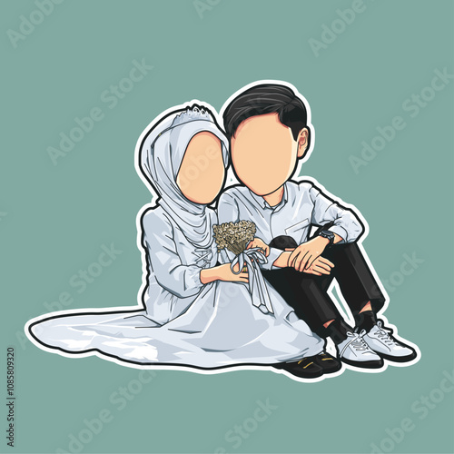 Vector illustration of a beautiful wedding couple, bride and groom in a sit down position with a bouquet. Faceless cartoon potrait 
