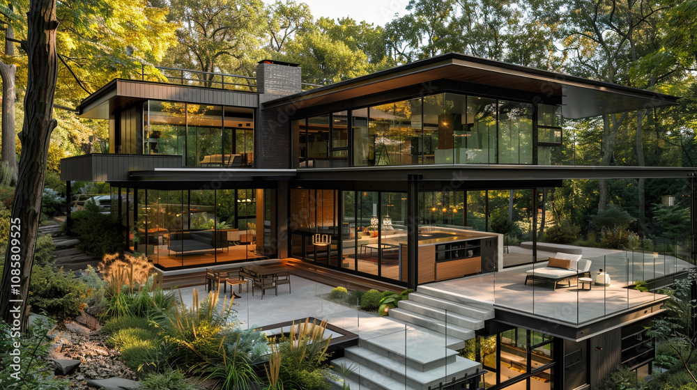 Fototapeta premium Modern modular home featuring a minimalist design with metal cladding, expansive glass walls, and a sunken patio area, nestled in a forest setting.