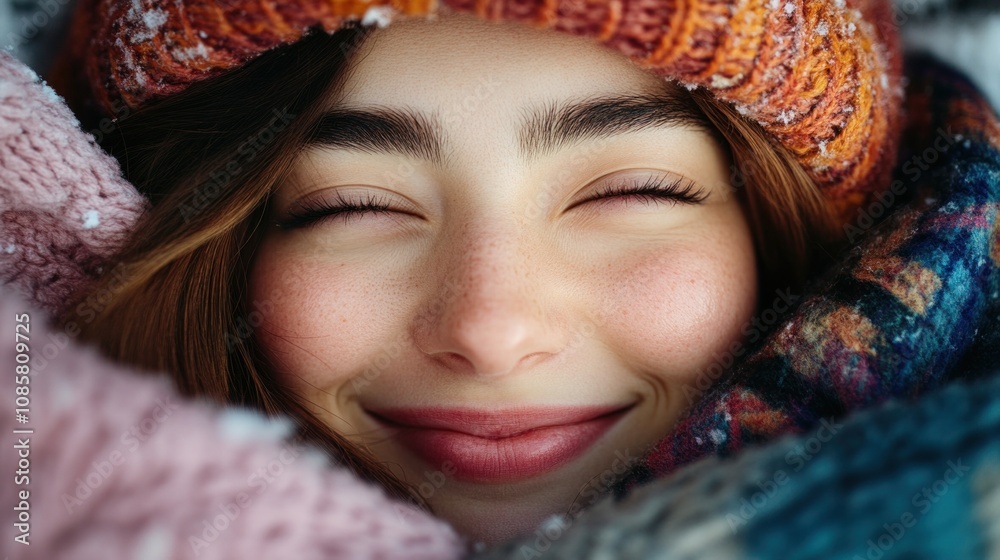 A young woman with a joyful smile relaxes outdoors, warmly dressed in vibrant layers. Snowflakes rest on her cheeks, adding to the cheerful winter atmosphere surrounding her A young woman with a joyful smile relaxes outdoors, warmly dressed in vibrant layers. Snowflakes rest on her cheeks, adding to the cheerful winter atmosphere surrounding her