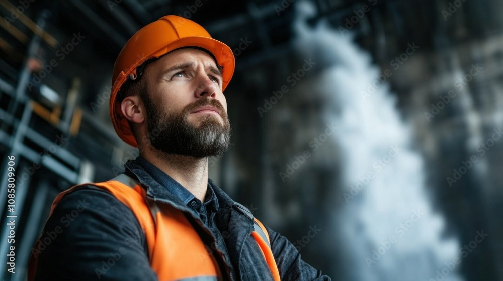 construction worker wearing a hard hat and safety vest looks intently at machinery in an industrial environment, indicating a moment of concentration and diligence during working hours construction worker wearing a hard hat and safety vest looks intently at machinery in an industrial environment, indicating a moment of concentration and diligence during working hours