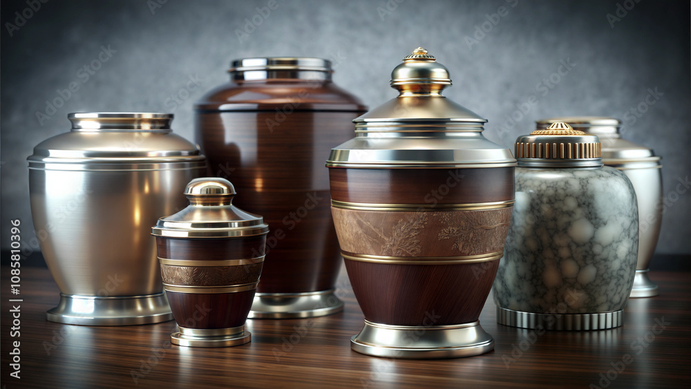 Assorted Cremation Urns with Mixed Metal and Wood Designs, Elegant Memorial Set Assorted Cremation Urns with Mixed Metal and Wood Designs, Elegant Memorial Set