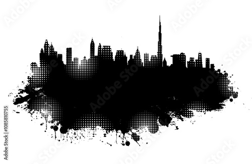 Black and white graphic drawing city and blots. hand drawing. Not AI. Vector illustration.