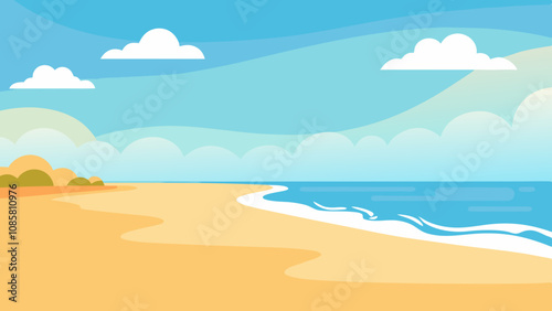 Vector illustration of a sunny beach with a calm ocean. Summer beach background