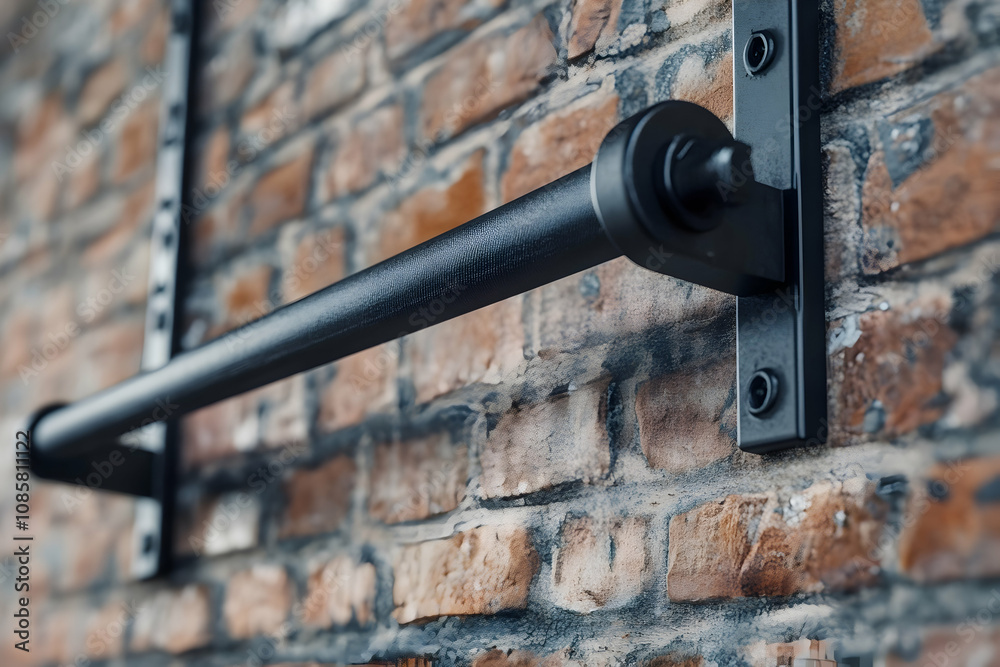 A sleek black pull-up bar is installed on a textured brick wall, enhancing the workout space A sleek black pull-up bar is installed on a textured brick wall, enhancing the workout space