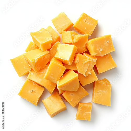  top view of a pile of cheddar cheese cubes isolated on white background